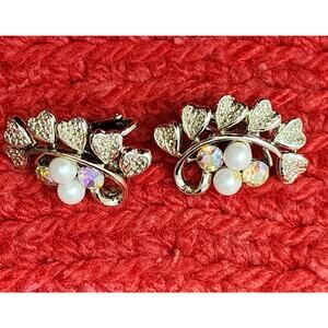 60s Vintage Coro Clip Earrings, Aurora Borealis, Gold Tone